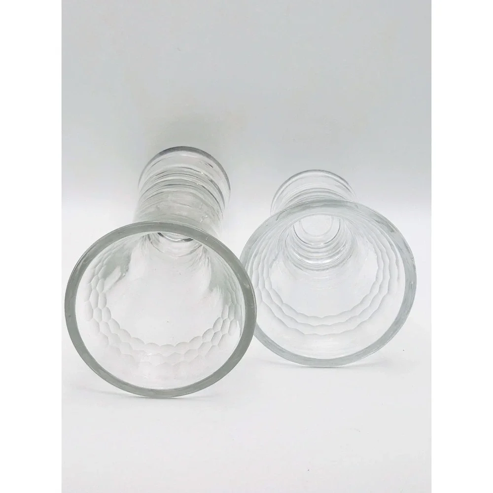 Vintage Clear Glass Taper Candle Holder Set Flared Bell Shape 7
